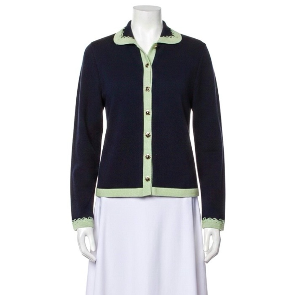 ST. JOHN Vintage Navy & Mint Green Santana Knit Cardigan Jacket Women's Size 10
